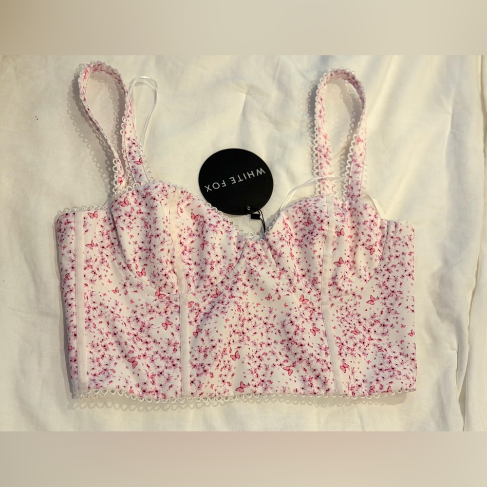 White Fox Weekend Love Bustier Crop Top in Pink Butterfly - Picture 4 of 12